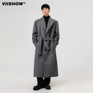 VIISHOW中长款毛呢大衣男冬复古高级感情侣外套高街潮牌过膝风衣