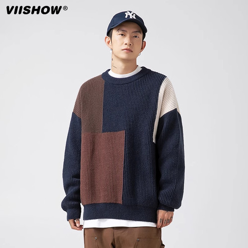 VISHOW潮牌毛衣秋冬季圆领休闲男生宽松套头运动针织衫内搭上衣