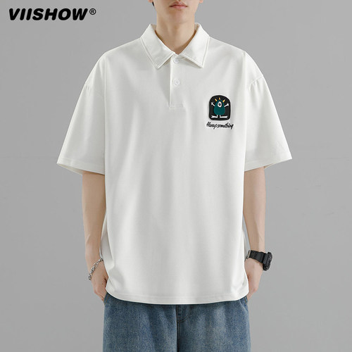 VISHOW潮牌趣味卡通刺绣POLO衫短袖男生美式复古简约宽松翻领T恤