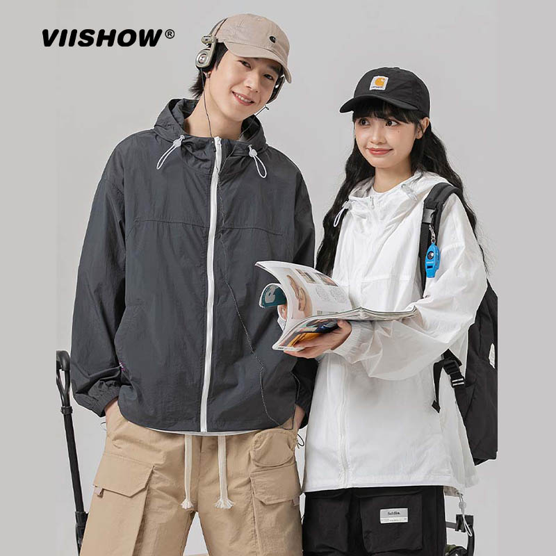 VIISHOW夏季纯色特薄防晒衣夹克男加日系潮牌连帽宽松外套防晒服