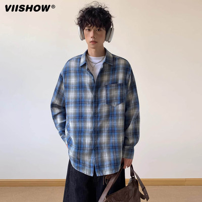 VIISHOW美式复古格子长袖衬衫男款秋季潮流宽松休闲情侣衬衣外套