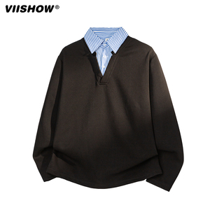 VIISHOW复古假两件拼接翻领卫衣男秋季潮牌宽松情侣休闲套头上衣