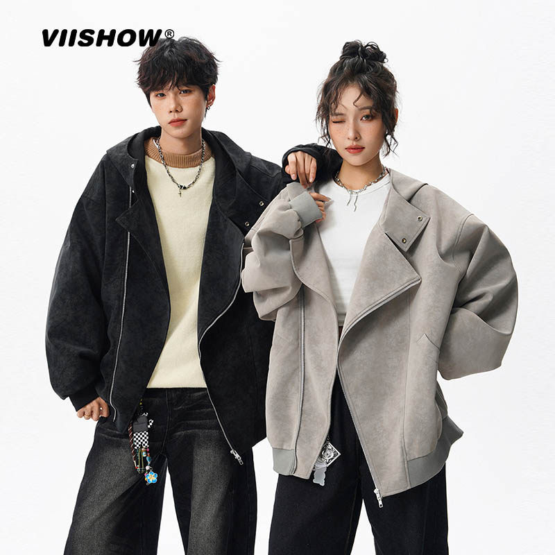 VIISHOW美式设计感拉链扎染PU皮衣外套男女潮牌情侣百搭连帽夹克