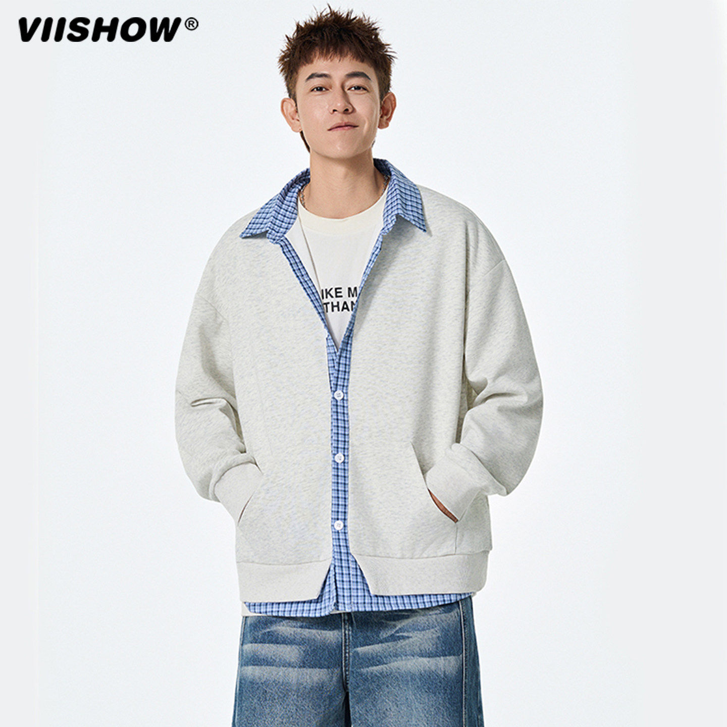 VIISHOW假两件格子卫衣男2025秋冬季新款翻领美式通勤上衣外套潮