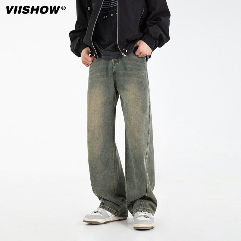 VISHOW高街水洗直筒牛仔裤男秋季美式阔腿长裤复古做旧百搭裤子,男装,牛仔裤,淘宝优惠券,粉丝福利购,淘宝优惠卷