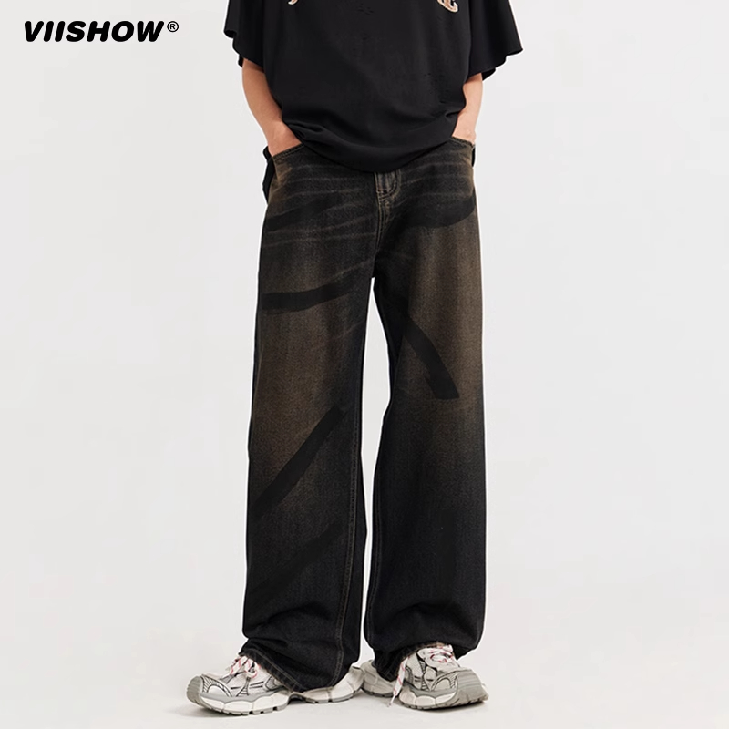 VIISHOW潮牌美式手绘泥染阔腿牛仔裤男2024水洗做旧复古直筒长裤