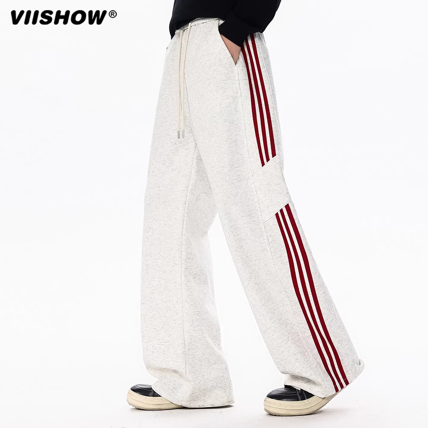 VIISHOW美式三条杠运动裤男春季高街阔腿休闲卫裤潮牌直筒长裤子