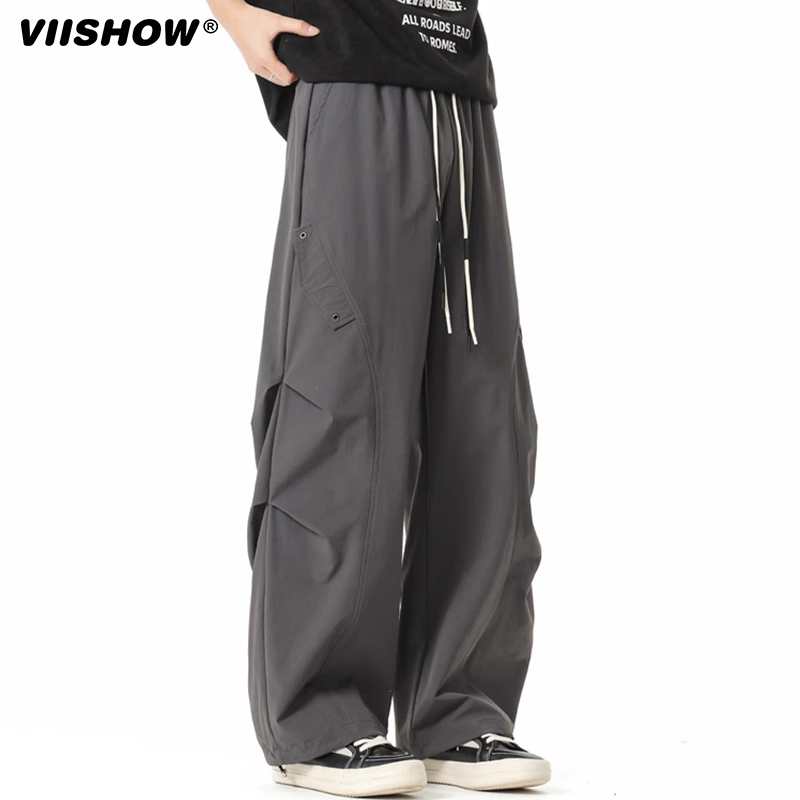 VIISHOW美式铆钉伞兵裤男潮牌褶皱速干裤子vibe高街休闲阔腿长裤