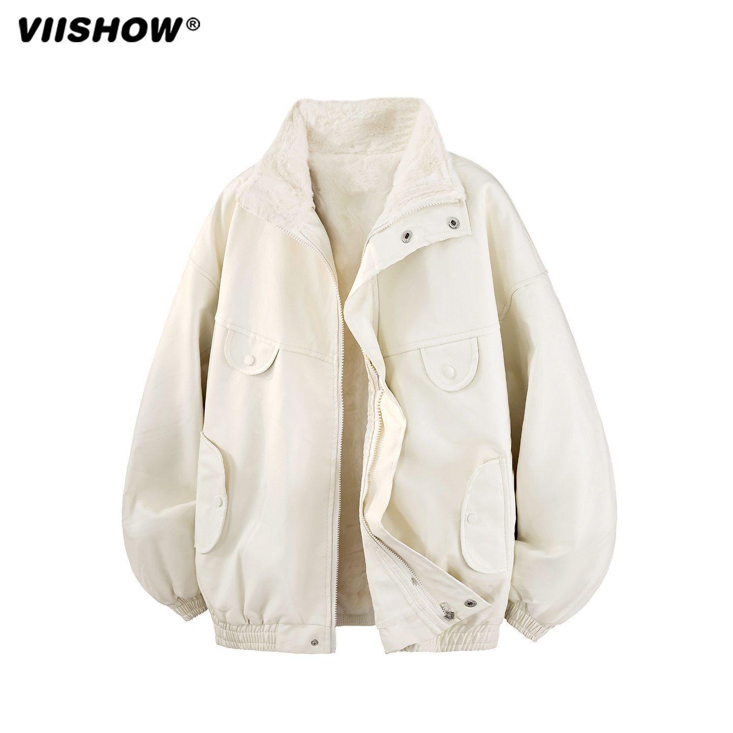VIISHOW冬季羊羔绒机车PU皮棉服男士加厚保暖羽绒棉袄棉衣外套潮