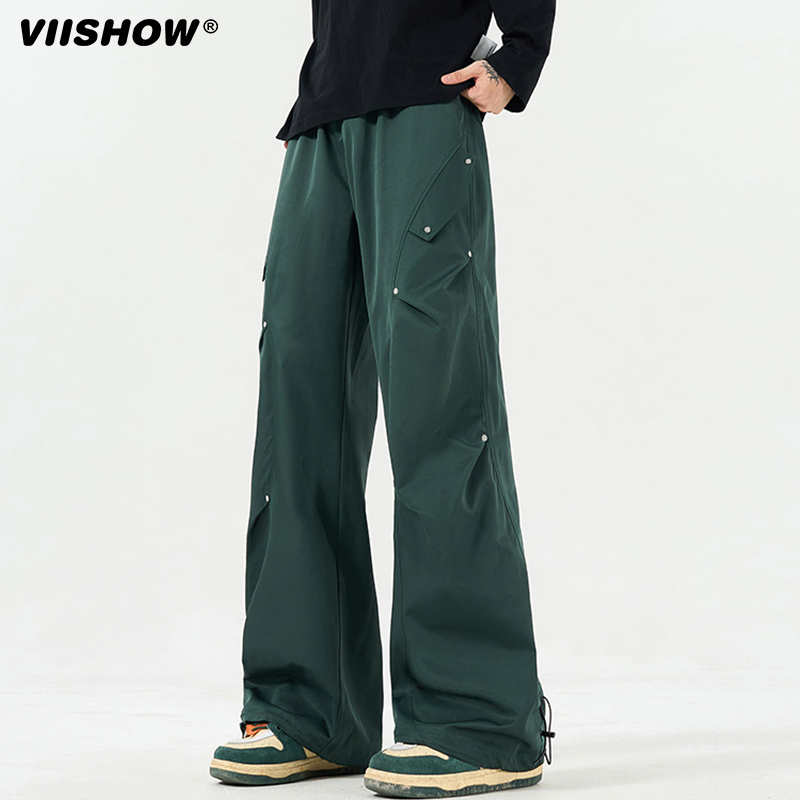 VIISHOW美式伞兵裤男秋季拼接直筒工装裤子高街休闲运动阔腿长裤