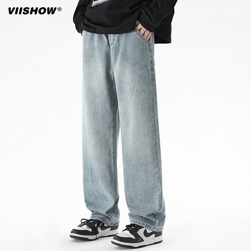 VIISHOW水洗牛仔裤男春秋新款宽松百搭直筒潮牌cleanfit阔腿裤子