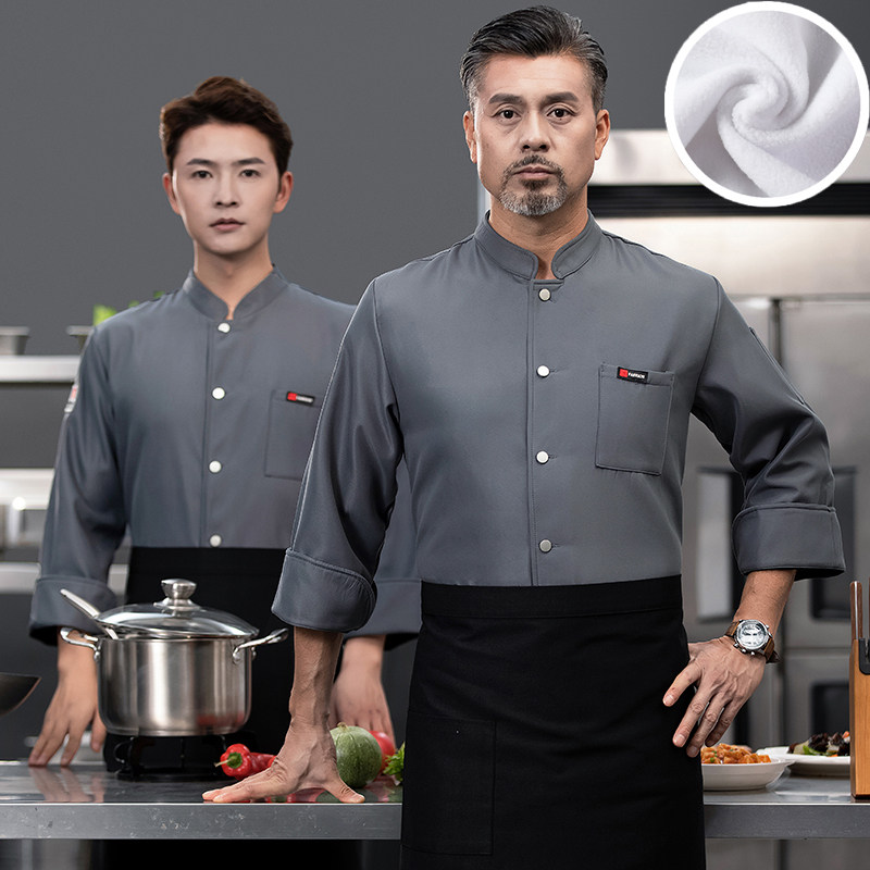 高档纯棉防水厨师服长袖加绒加厚餐饮饭店面点烘焙学校厨师工作服