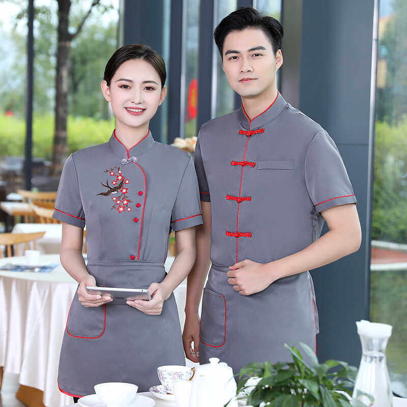 中式服务员茶楼刺绣定制盘扣短袖