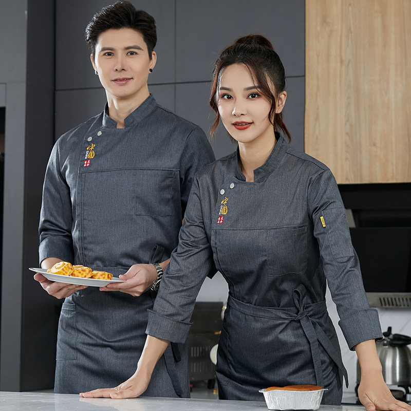 高端酒店厨师服长袖纯棉男饭店餐饮烘焙厨房中国风厨师工作服透气