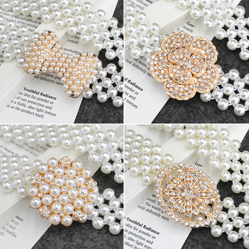 女士松紧腰带弹力腰封 韩版珍珠腰链 女优雅裙子装饰宽腰链腰封