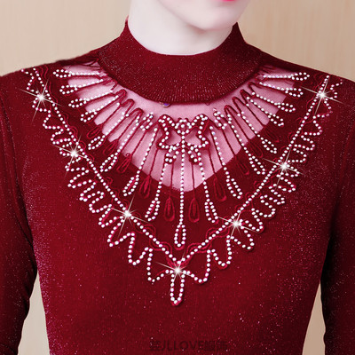 加绒蕾丝打底衫女加厚保暖上衣