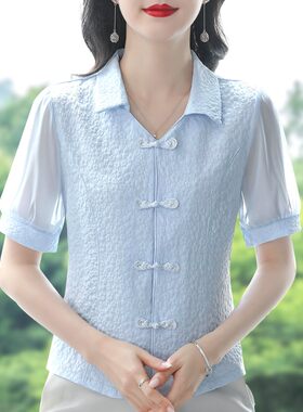 夏季真丝衬衫国风短袖上衣女