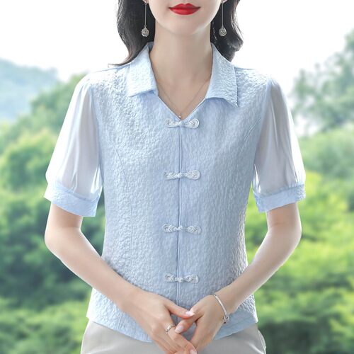 夏季真丝衬衫国风短袖上衣女