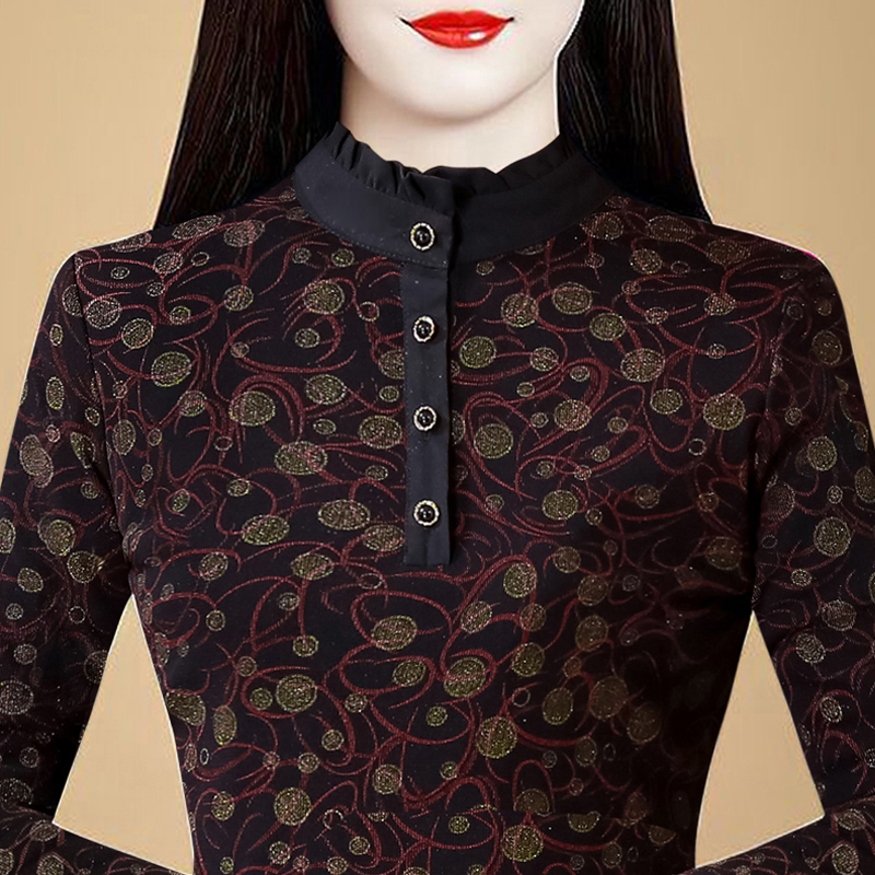 蕾丝打底衫女秋冬2024年新款洋气内搭加绒加厚长袖荷叶领网纱上衣