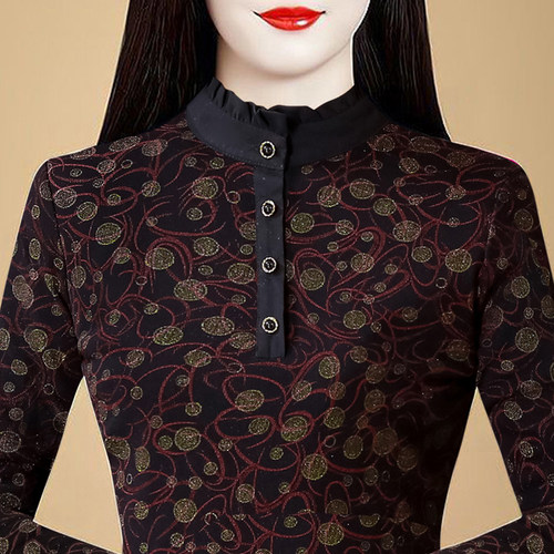 蕾丝打底衫女秋冬荷叶领网纱上衣