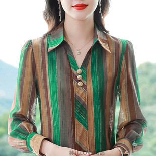 真丝衬衫女春秋新款时尚条纹印花小衫洋气百搭宽松桑蚕丝上衣