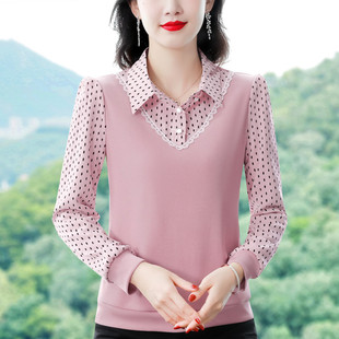 加绒蕾丝衬衫女秋冬新款时尚内搭针织小衫妈妈装洋气保暖打底上衣