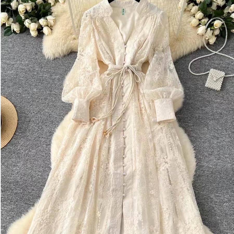法式复古宫廷风礼服重工刺绣收腰显瘦长款蕾丝裙女高端精致连衣裙