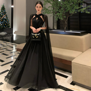 法式性感黑色露背飘带连衣裙气质宴会礼服裙度假长裙