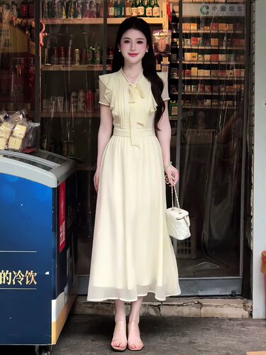 法式气质温柔风系带荷叶边连衣裙女夏季新款收腰显瘦短袖A字长裙
