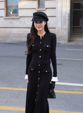 ORG杨超越同款 黑色圆领千金风气质修身收腰针织鱼尾长款连衣裙