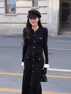 ORG杨超越同款 黑色圆领千金风气质修身收腰针织鱼尾长款连衣裙