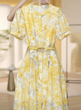 Z家轻奢高定2025春夏新款丝麻百搭无袖挂脖印花收腰中长款连衣裙