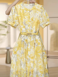 Z家轻奢高定2025春夏新款丝麻百搭无袖挂脖印花收腰中长款连衣裙