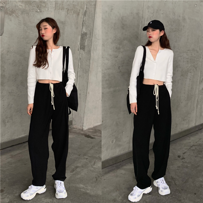 實拍實價~酷girl 短款長袖針織開衫+拖地輕薄直筒長褲