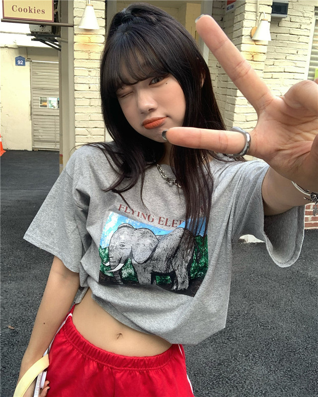 Real shot! Real price! Korean summer elephant print Short Sleeve T