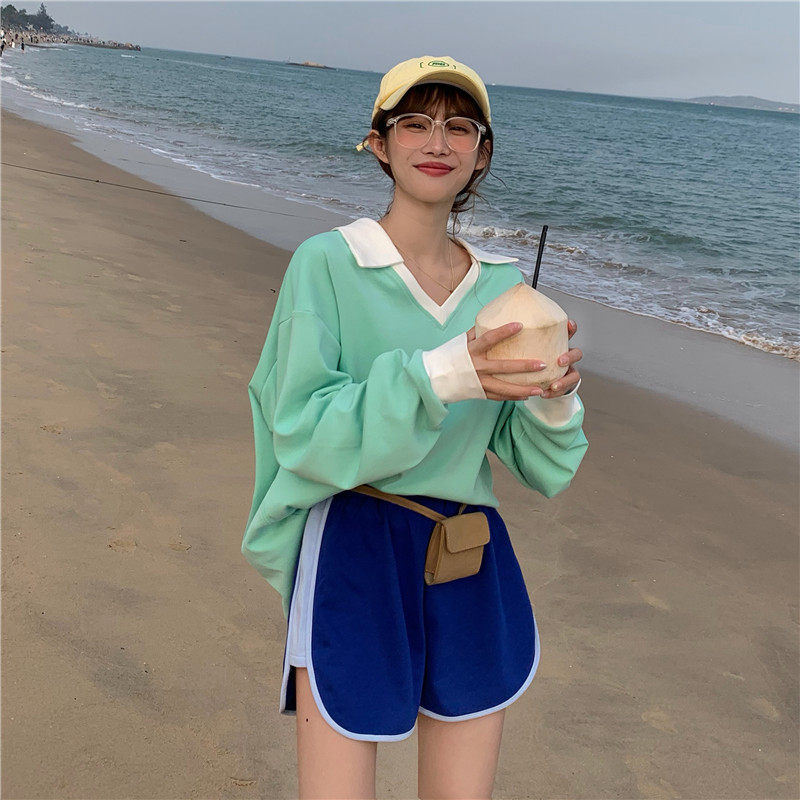 Real shot! Real price! Korean spring and summer New Yo Dongdong contrast Lapel long sleeve T-shirt + contrast hemmed shorts
