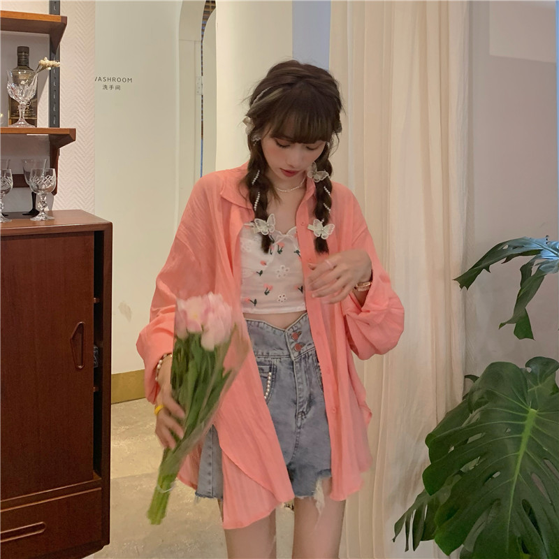 Real shot! Real price! Summer new Korean version small fresh loose thin pink sunscreen shirt