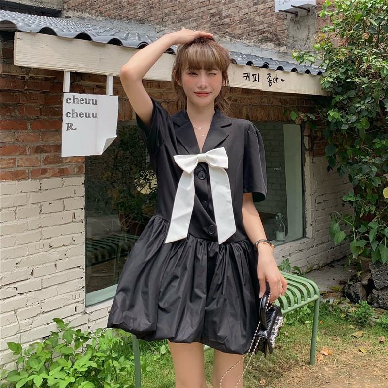 Real shot! Real price! Korean summer new bowknot contrast color show thin loose medium length dress