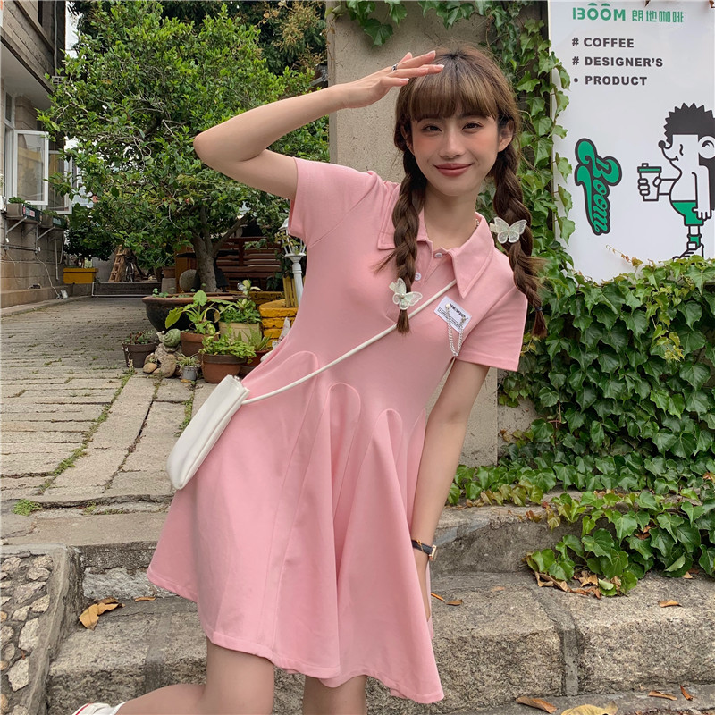 實拍！實價！韓版夏季純色Polo鏈條裝飾荷葉邊魚尾連衣裙