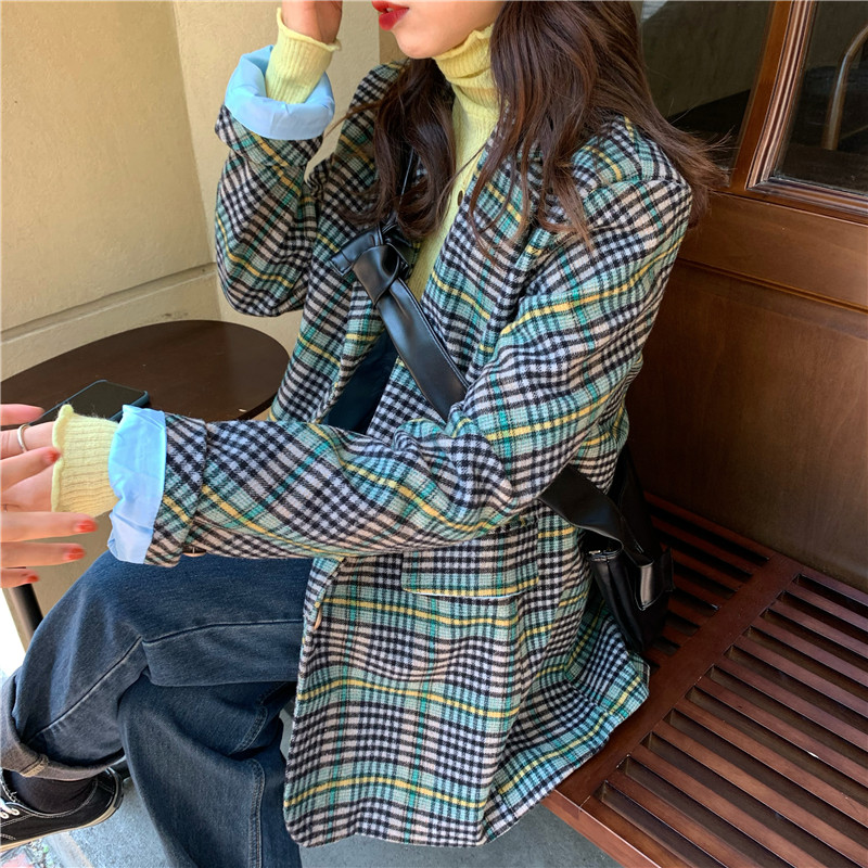 Real price! Korean retro Plaid loose suit long sleeve jacket