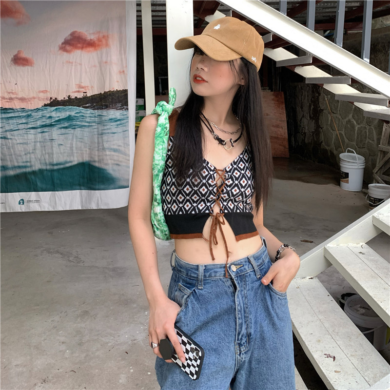 Real shot! Real price! Korean summer sexy contrast diamond Plaid V-neck vest