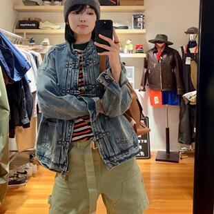 Ben Steven新中式复古盘扣牛仔外套做旧水洗石磨多口袋工装夹克男