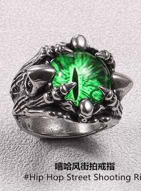 恶魔之眼嘻哈风街拍男士戒指潮人高街钛钢街头朋克男戒理发师个性
