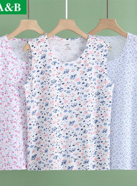 AB内衣 印花圆领无袖纯棉汗衫女 中老年妈妈装宽松大码背心S722