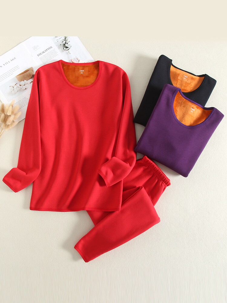 AB 속옷 겨울 여성 라운드 넥 산호 벨벳 플러스 벨벳 두꺼운 방한 중년 및 노인 열 속옷 세트 가을 옷과 가을 바지