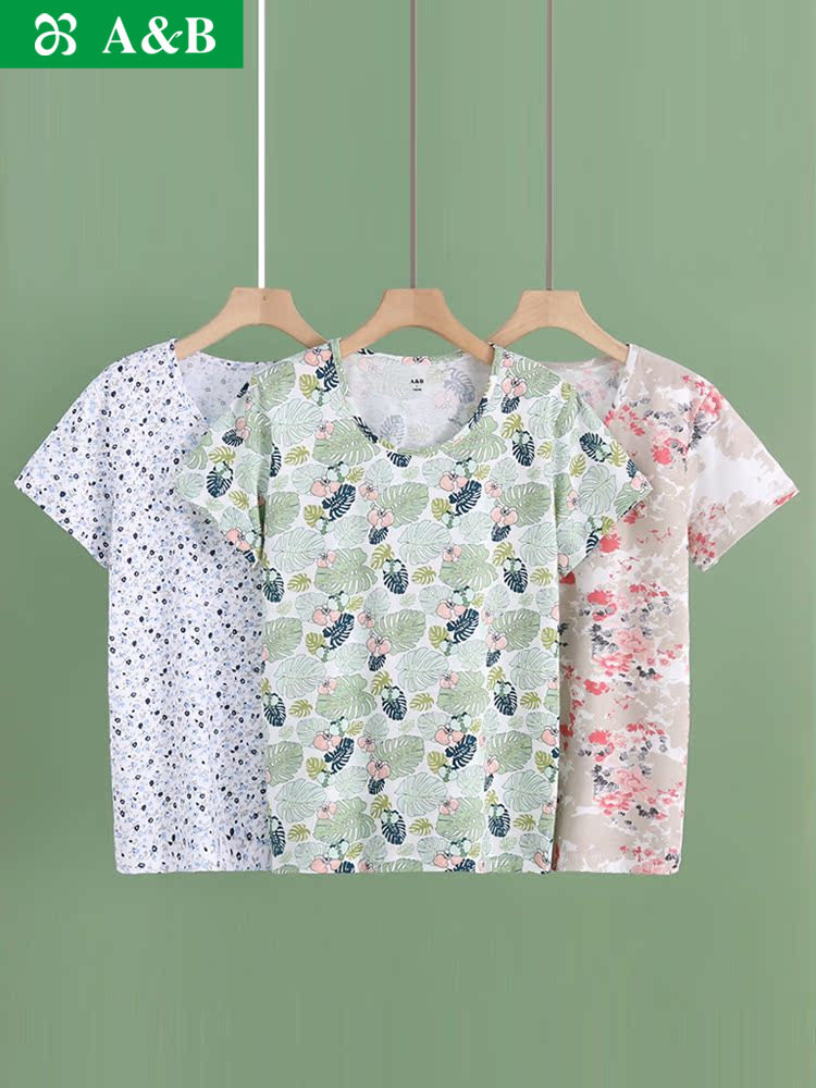 AB 속옷 프린트 라운드 넥 반팔면 스웨트 셔츠 중년 및 노년층 엄마를위한 느슨한 대형 잠옷 여성용 U812