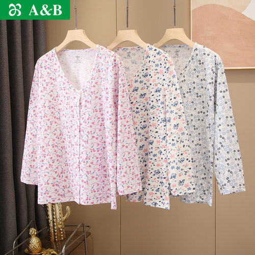 AB内衣女士纯棉薄款印花开衫长袖中老年妈妈睡衣宽松家居服上衣 - 封面