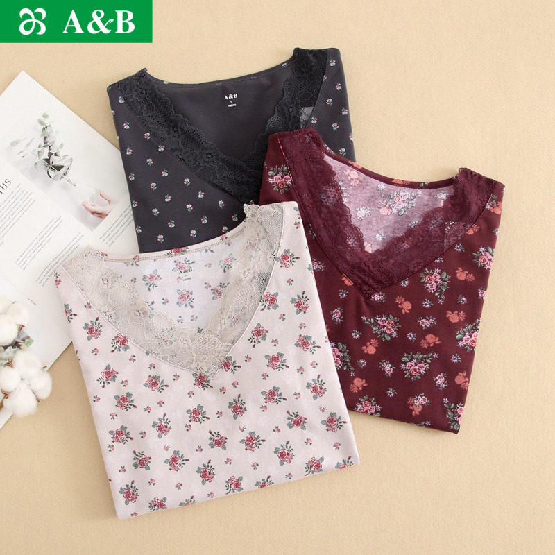 AB内衣女士秋冬弹力棉性感蕾丝边V领薄款打底秋衣秋裤保暖套装