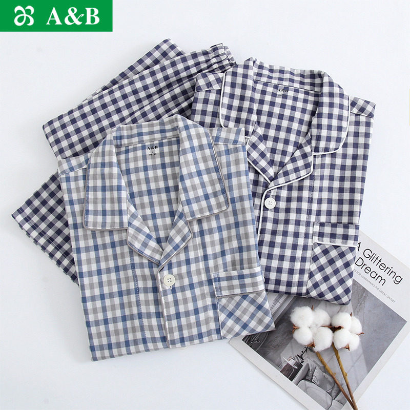 AB男纯棉家居服套装春夏格子薄款