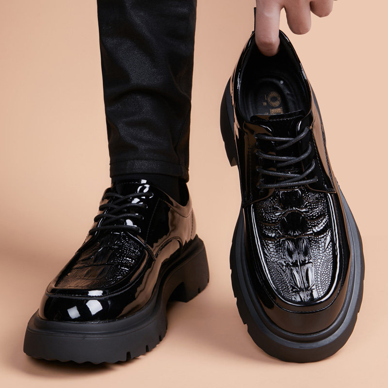 男士皮鞋2025新款厚底鳄鱼纹亮面时尚韩版潮流青年英伦休闲结婚鞋,流行男鞋,休闲皮鞋,淘宝优惠券,粉丝福利购,淘宝优惠卷